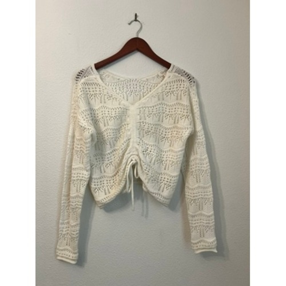 Jessica Simpson White Pointelle Knit Drawstring Front Crop Sweater Womens XS